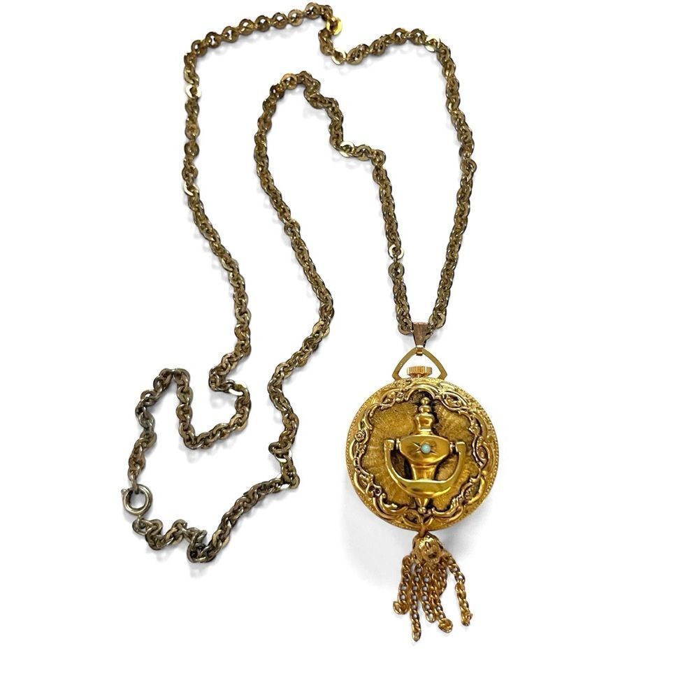 Vintage Lucerne Swiss Made Gold Ornate Tassel Pocket Watch Pendant Necklace